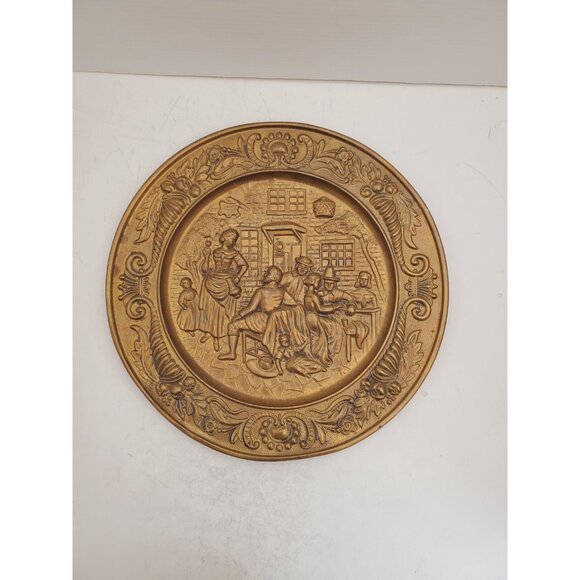 Vintage Brass Tray English Pub Scene Metal Decorative Wall Hanging 14.5"… - Picture 9 of 10
